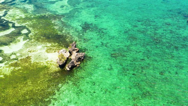 Sea water surface in lagoon with coral reef copy space for text. Top view transparent turquoise ocean water surface.