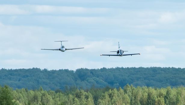 September 12, 2020, Kaluga region, Russia. Training aircraft Aero L-39 Albatros and Aero L-29 Delfin perform a training flight at the Oreshkovo airfield.