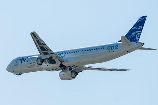 August 30, 2019. Zhukovsky, Russia. Promising Russian medium-range narrow-body passenger aircraft Irkut MC-21 at the International Aviation and Space Salon MAKS 2019.