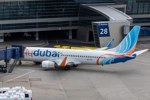 July 2, 2019, Moscow, Russia. Airplane Boeing 737-800 flydubai airline at Vnukovo airport in Moscow.