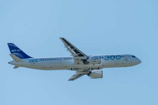 August 30, 2019. Zhukovsky, Russia. Promising Russian medium-range narrow-body passenger aircraft Irkut MC-21 at the International Aviation and Space Salon MAKS 2019.