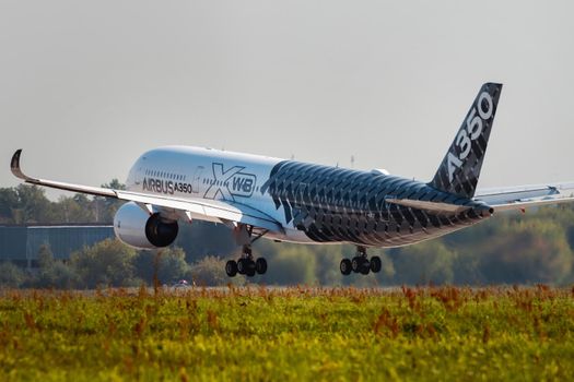 August 30, 2019. Zhukovsky, Russia. long-range wide-body twin-engine passenger aircraft Airbus A350-900 XWB Airbus Industrie.
