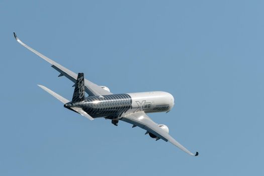 August 30, 2019. Zhukovsky, Russia. long-range wide-body twin-engine passenger aircraft Airbus A350-900 XWB Airbus Industrie at the International Aviation and Space Salon MAKS 2019.