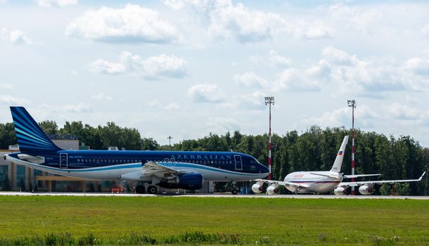 July 2, 2019, Moscow, Russia. Airplane Airbus A320-200 AZAL Azerbaijan Airlines at Vnukovo airport in Moscow.