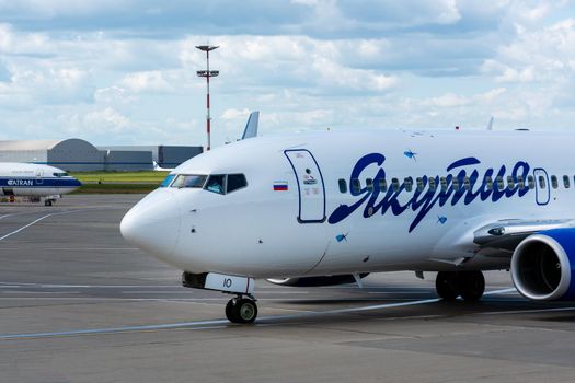 July 2, 2019, Moscow, Russia. Airplane Boeing 737-700 I Yakutia Airlines at Vnukovo airport in Moscow.