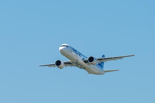 August 30, 2019. Zhukovsky, Russia. Promising Russian medium-range narrow-body passenger aircraft Irkut MC-21 at the International Aviation and Space Salon MAKS 2019.