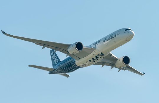 August 30, 2019. Zhukovsky, Russia. long-range wide-body twin-engine passenger aircraft Airbus A350-900 XWB Airbus Industrie.