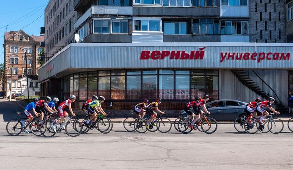 June 13, 2020, Vyborg, Russia. Training of cyclists on one of the streets in Vyborg.