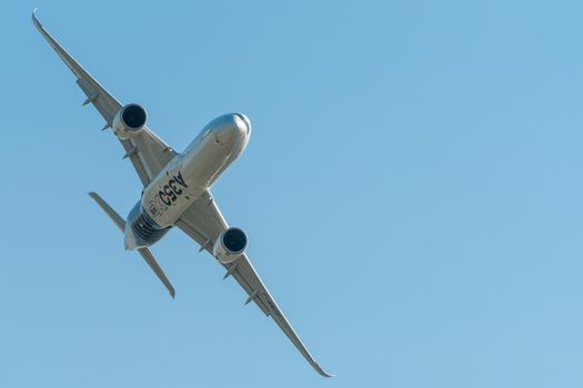 August 30, 2019. Zhukovsky, Russia. long-range wide-body twin-engine passenger aircraft Airbus A350-900 XWB Airbus Industrie at the International Aviation and Space Salon MAKS 2019.