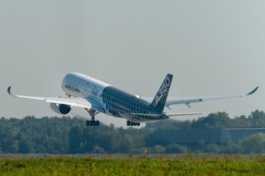 August 30, 2019. Zhukovsky, Russia. long-range wide-body twin-engine passenger aircraft Airbus A350-900 XWB Airbus Industrie at the International Aviation and Space Salon MAKS 2019.