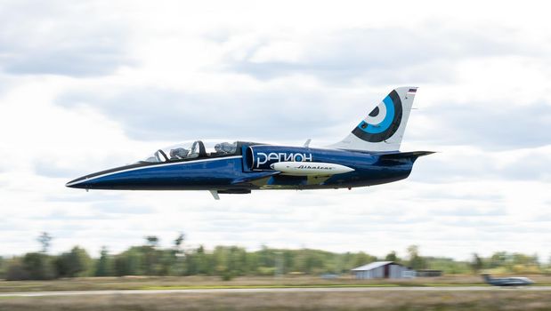 September 12, 2020, Kaluga region, Russia. The Aero L-39 Albatros training aircraft performs a training flight at the Oreshkovo airfield.