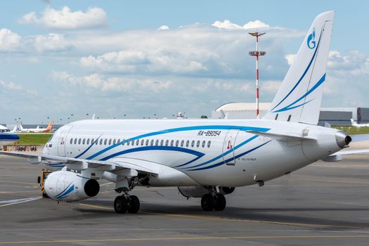 July 2, 2019, Moscow, Russia. A Sukhoi Superjet 100 of the Gazpromavia airline at the airfield of Vnukovo airport.