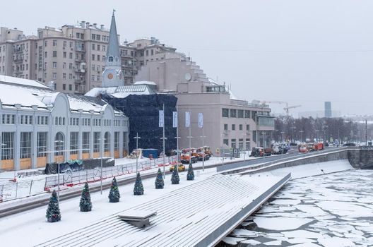 January 31, 2021, Moscow, Russia. Water diversion canal embankment near GES-2 in Moscow in winter during a snowfall.