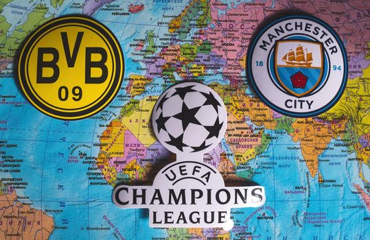 March 21, 2021, Istanbul, Turkey. The emblems of the participants in the quarter-finals of the UEFA Champions League 2020/2021 season Borussia Dortmund and Manchester City F.C. against the background of the map of Europe.
