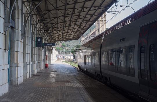 September 7, 2014, Portbou, Spain. A high-speed train awaits departure at the platform of Portbou railway station in northeastern Spain.