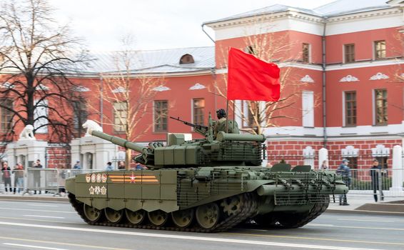 April 30, 2021 Moscow, Russia. Russian T-72B3 main battle tank on Tverskaya Street in Moscow.