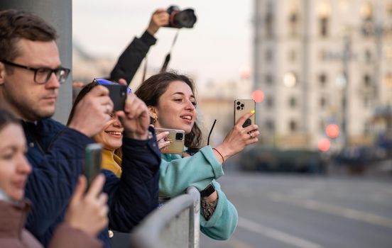 April 30, 2021 Moscow, Russia. The audience on Tverskaya Street in Moscow during the rehearsal of the Victory Parade.