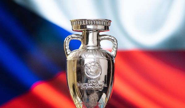 April 10, 2021. Prague, Czech Republic. UEFA European Championship Cup with the Czech flag in the background.