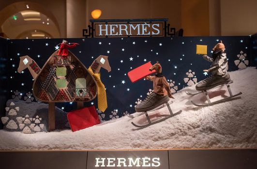 December 25, 2020, Moscow, Russia. Showcase of the Hermes boutique in the GUM shopping center in Moscow.