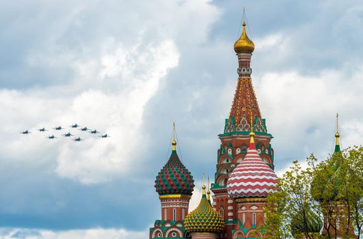 May 7, 2021, Moscow, Russia. Build a "tactical wing" of Su-30SM, Su-35S and Su-34 bombers over Red Square in Moscow.