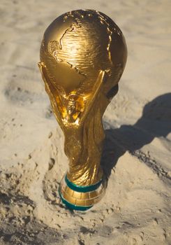 May 30, 2019. Doha, Qatar. FIFA World Cup trophy on sand. FIFA World Cup  2022  will be held in Qatar.