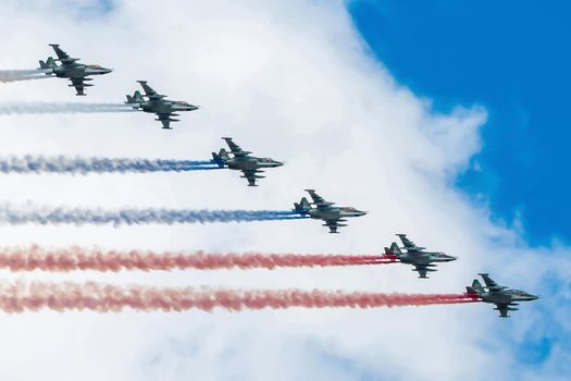 May 7, 2021, Moscow, Russia. Russian Su-25 attack aircraft over Red Square in Moscow.