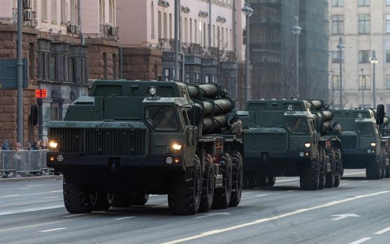 April 30, 2021 Moscow, Russia. Russian multiple launch Rocket System (MLRS) Tornado S on Tverskaya Street in Moscow.