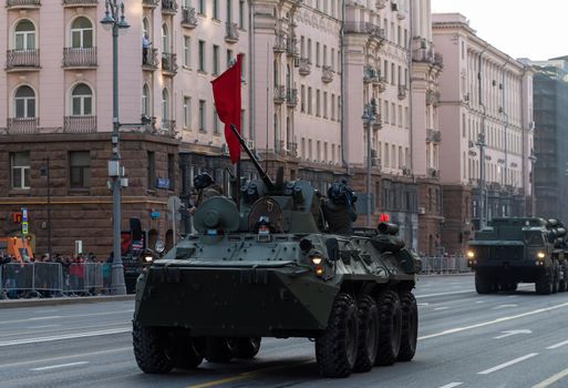 April 30, 2021 Moscow, Russia. Russian armored personnel carrier BTR-82A on Tverskaya Street in Moscow.