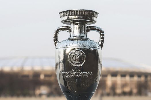 April 13, 2021 Moscow, Russia. European Championship Cup on the background of the Luzhniki Stadium.