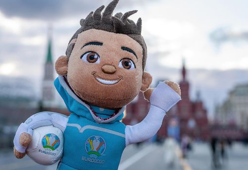 April 25, 2021, Moscow, Russia. The mascot of the European Football Championship 2020 Skillzy on Red Square in Moscow.