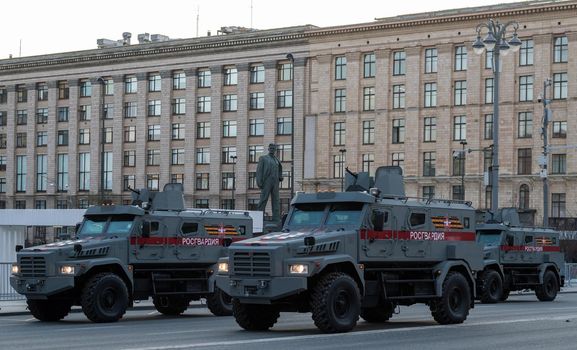 April 30, 2021 Moscow, Russia. Armored Car Patrol of the Russian National Guard on Mayakovsky Square in Moscow.