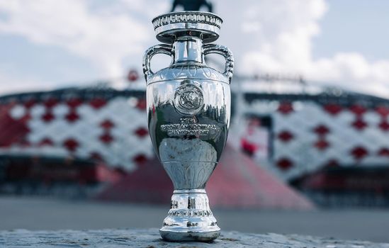 June 14, 2021, Moscow, Russia. European Football Championship Cup in front of Spartak Stadium - Otkrytie Arena.