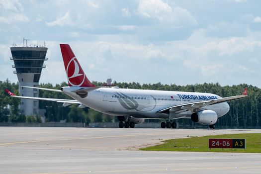 July 2, 2019, Moscow, Russia. Airplane Airbus A330-300 Turkish Airlines at Vnukovo airport in Moscow.