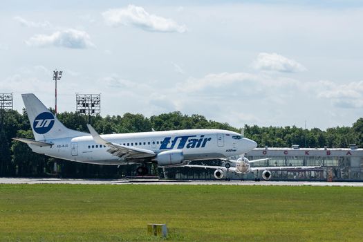 July 2, 2019, Moscow, Russia. The plane Boeing 737 of the airline Utair on the airfield of Vnukovo airport.