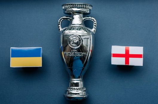 July 1, 2021 Rome, Italy. Flags of the participants of the 1/4 finals of the European Football Championship of Ukraine and England against the backdrop of the Euro Cup 2020.