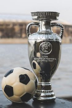 April 13, 2021 Moscow, Russia. European Championship Cup on the background of the Luzhniki Stadium.