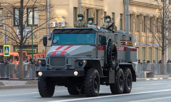 April 30, 2021 Moscow, Russia. Ural Armored car of the Russian National Guard on Tverskaya Street in Moscow.