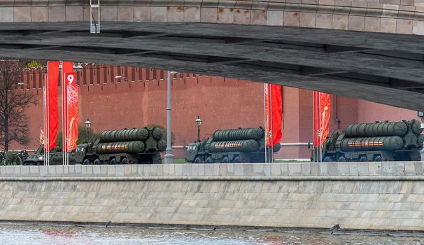 May 7, 2021, Moscow, Russia. Anti-aircraft missile systems (SAMS) S-400 "Triumph" on the Kremlin embankment in Moscow.