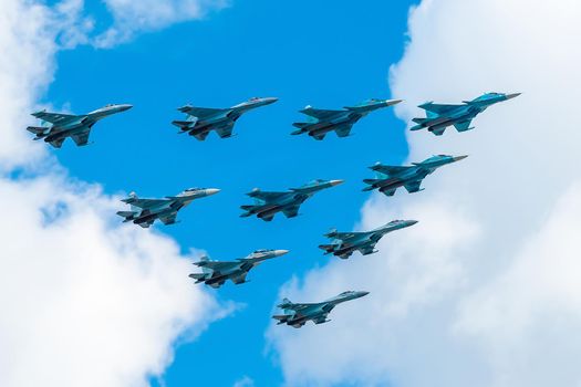 May 7, 2021, Moscow, Russia. Build a "tactical wing" of Su-30SM, Su-35S and Su-34 bombers over Red Square in Moscow.