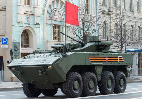 April 30, 2021 Moscow, Russia. Boomerang Armored personnel Carrier on Tverskaya Street in Moscow.