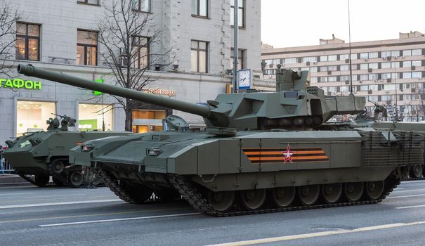 April 30, 2021 Moscow, Russia. Promising Russian T-14 Armata Main Tank on Tverskaya Street in Moscow.