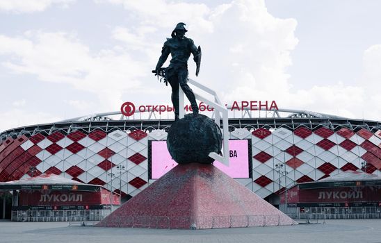 June 14, 2021, Moscow, Russia. A sculpture of a gladiator at the Spartak stadium - Otkrytie Arena in Moscow.