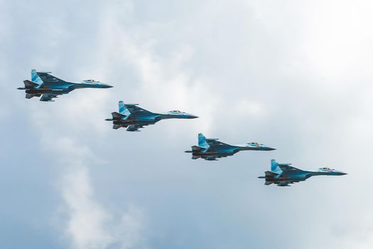 May 7, 2021, Moscow, Russia. Russian Su-35S fighter jets over Red Square in Moscow.