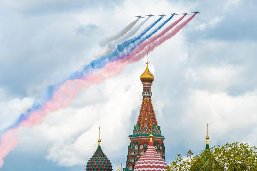 May 7, 2021, Moscow, Russia. Russian Su-25 attack aircraft over Red Square in Moscow.