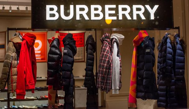 December 25, 2020, Moscow, Russia. A showcase of a Burberry boutique in the GUM shopping center in Moscow.