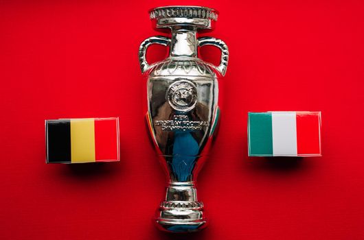 July 1, 2021 Munich, Germany Flags of the European Football Championship quarterfinals Belgium and Italy against the backdrop of the Euro Cup 2020.