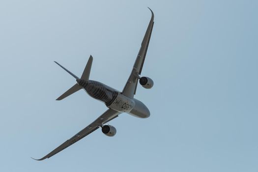 August 30, 2019. Zhukovsky, Russia. long-range wide-body twin-engine passenger aircraft Airbus A350-900 XWB Airbus Industrie at the International Aviation and Space Salon MAKS 2019.