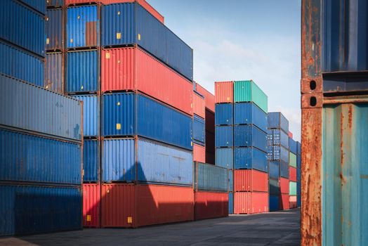 Stack of Containers Cargo Ship Import/Export in Harbor Port, Cargo Freight Shipping of Container Logistics Industry. Nautical Transport Distribution Yard, Business Commercial Dock and Transportation. 