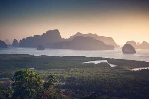 Nature Landscape Scenery of Tropical Seascape Thailand at Morning Sunrise, Aerial View of Sea Archipelago Paradise Island in Southeast Asia, Thailand Destination of Travel Tourist. Natural Background