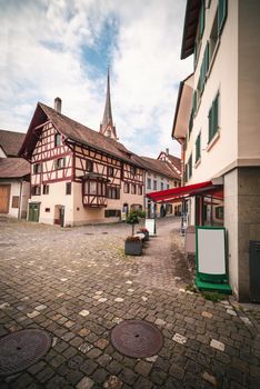 Cityscape Old Town and Historic Buildings of Stein Am Rhein City, Switzerland, Beautiful Ancient Church and Architecture of Swiss Culture at Daylight. Travel Historical and Famous Place of Switzerland